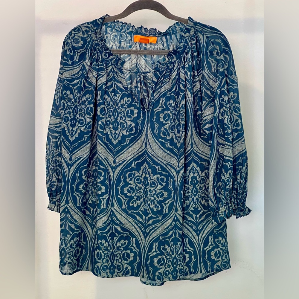 Joe Fresh Teal and ivory peasant blouse with bell sleeves